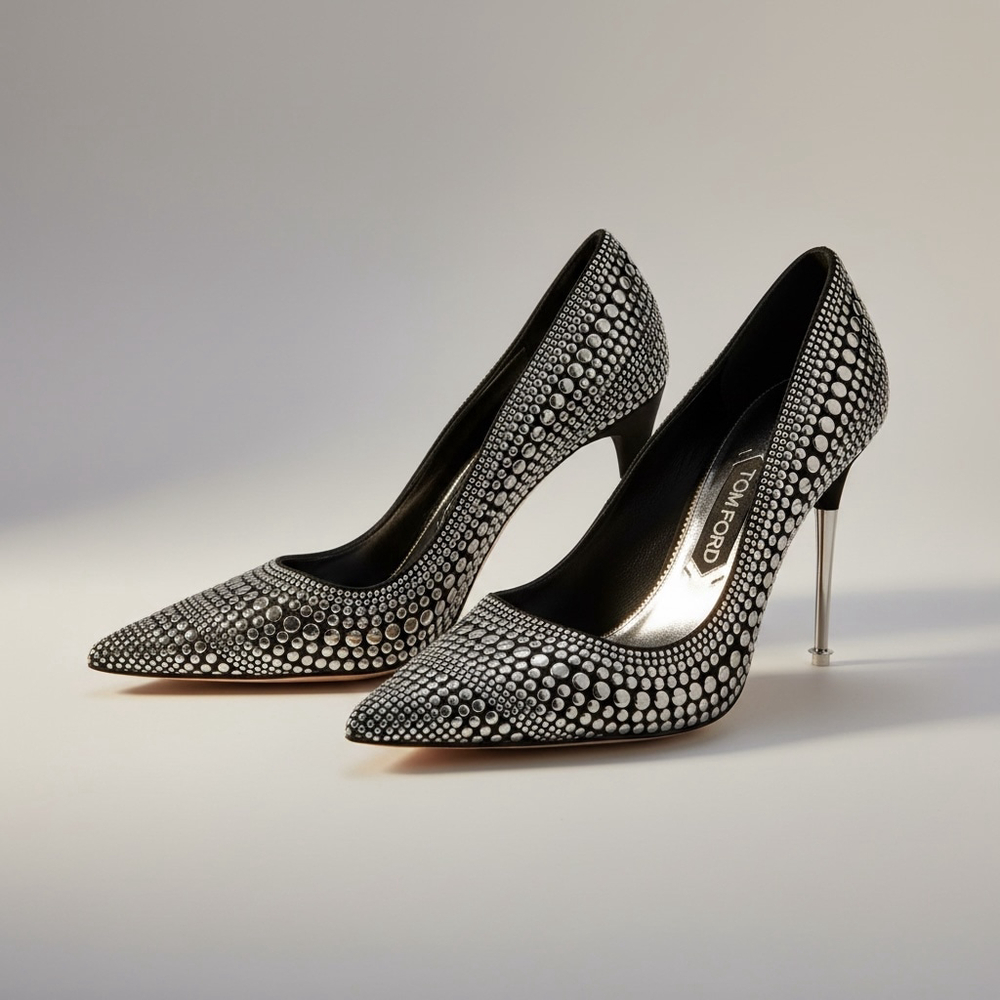 TOM FORD STUNNING Black Silver Studded Pumps Pointed Toe Heels Shoes 9.5